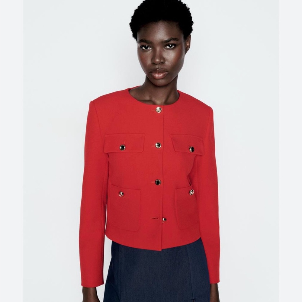 ZARA Cropped Flap Blazer in Red - M